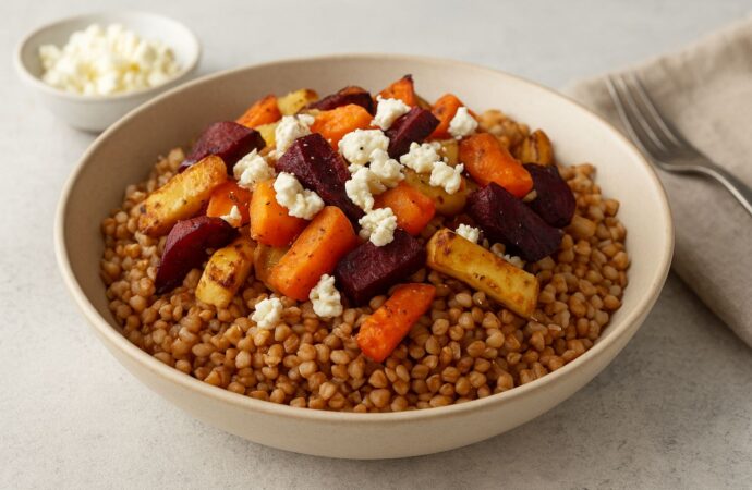 Kasza gryczana z serem feta oraz warzywami korzeniowymi. Pomysł na obiad